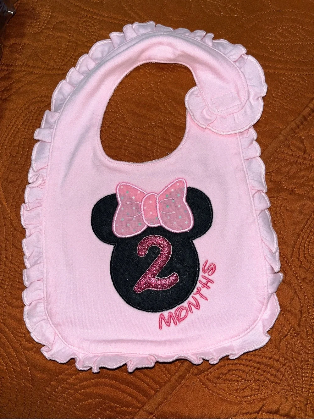 White Baby Bib with Pink Minnie Bow MONTHLY Embroidery